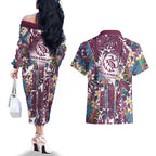 Manly Warringah Sea Eagles Couples Matching Off The Shoulder Long Sleeve Dress and Hawaiian Shirt Tropical Hibiscus Floral Pattern With Maroon And White Accents