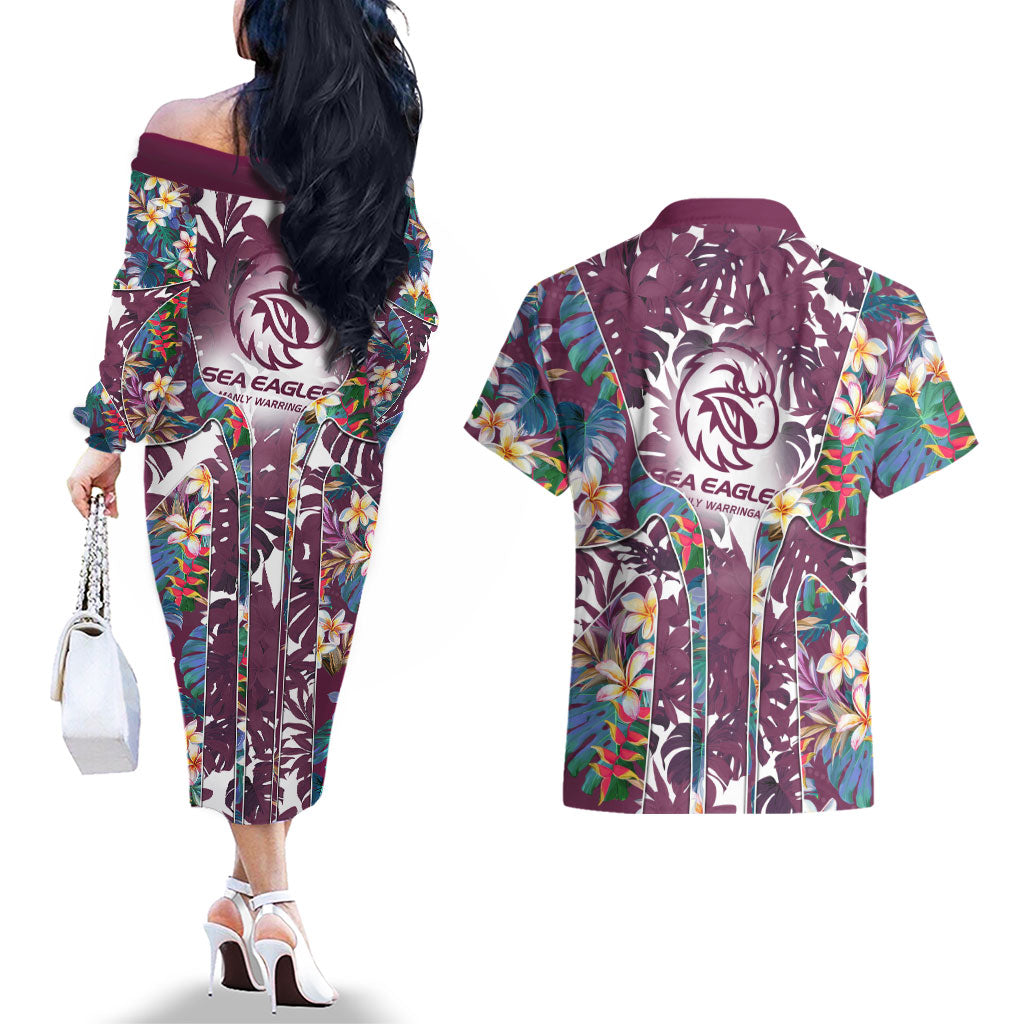Manly Warringah Sea Eagles Couples Matching Off The Shoulder Long Sleeve Dress and Hawaiian Shirt Tropical Hibiscus Floral Pattern With Maroon And White Accents