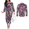 Manly Warringah Sea Eagles Couples Matching Off The Shoulder Long Sleeve Dress and Long Sleeve Button Shirt Tropical Hibiscus Floral Pattern With Maroon And White Accents