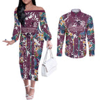 Manly Warringah Sea Eagles Couples Matching Off The Shoulder Long Sleeve Dress and Long Sleeve Button Shirt Tropical Hibiscus Floral Pattern With Maroon And White Accents
