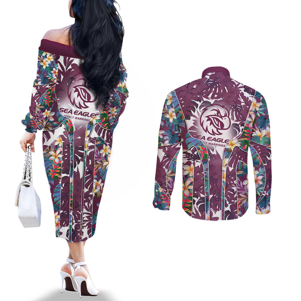 Manly Warringah Sea Eagles Couples Matching Off The Shoulder Long Sleeve Dress and Long Sleeve Button Shirt Tropical Hibiscus Floral Pattern With Maroon And White Accents