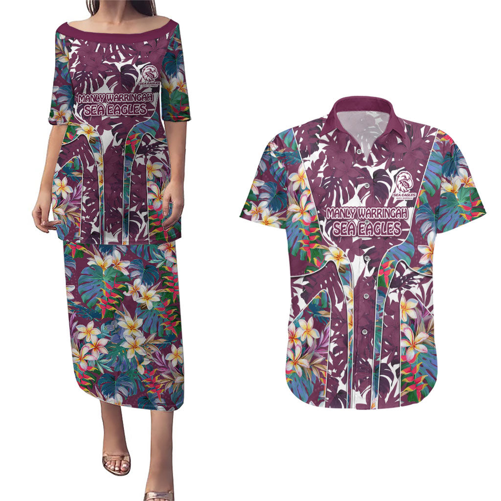 Manly Warringah Sea Eagles Couples Matching Puletasi and Hawaiian Shirt Tropical Hibiscus Floral Pattern With Maroon And White Accents