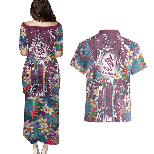 Manly Warringah Sea Eagles Couples Matching Puletasi and Hawaiian Shirt Tropical Hibiscus Floral Pattern With Maroon And White Accents
