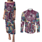 Manly Warringah Sea Eagles Couples Matching Puletasi and Long Sleeve Button Shirt Tropical Hibiscus Floral Pattern With Maroon And White Accents