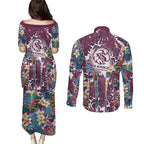 Manly Warringah Sea Eagles Couples Matching Puletasi and Long Sleeve Button Shirt Tropical Hibiscus Floral Pattern With Maroon And White Accents