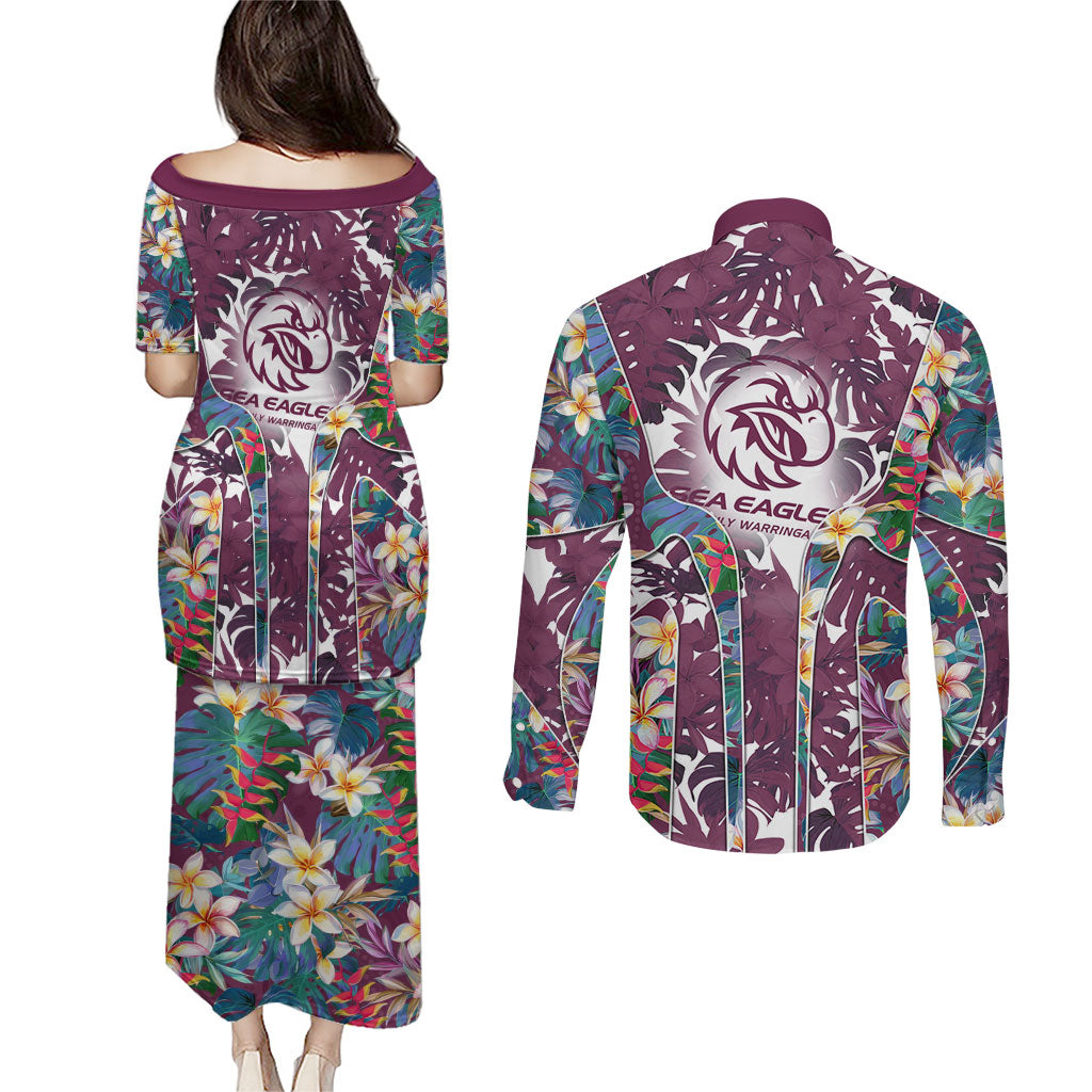 Manly Warringah Sea Eagles Couples Matching Puletasi and Long Sleeve Button Shirt Tropical Hibiscus Floral Pattern With Maroon And White Accents