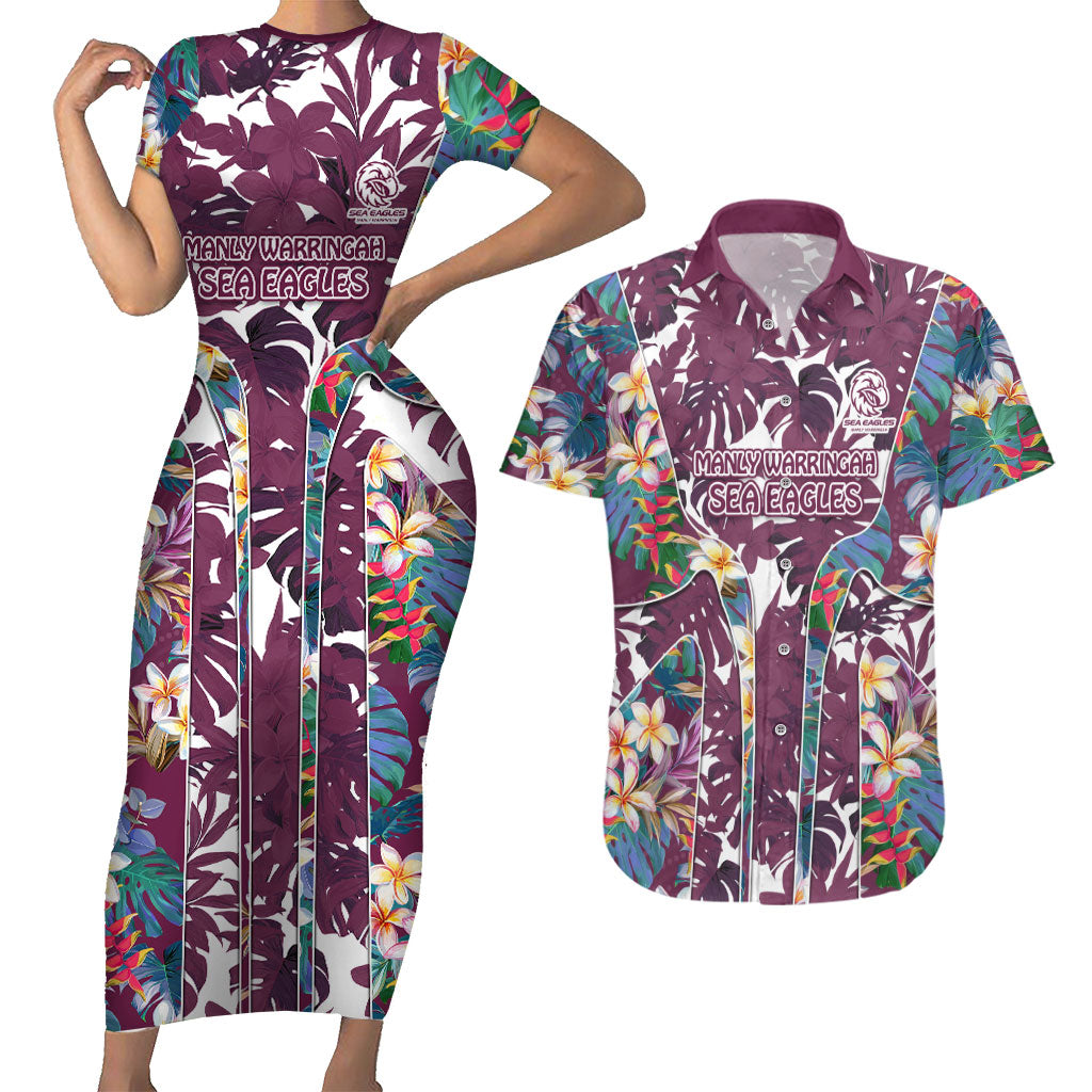 Manly Warringah Sea Eagles Couples Matching Short Sleeve Bodycon Dress and Hawaiian Shirt Tropical Hibiscus Floral Pattern With Maroon And White Accents