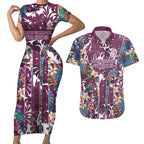 Manly Warringah Sea Eagles Couples Matching Short Sleeve Bodycon Dress and Hawaiian Shirt Tropical Hibiscus Floral Pattern With Maroon And White Accents