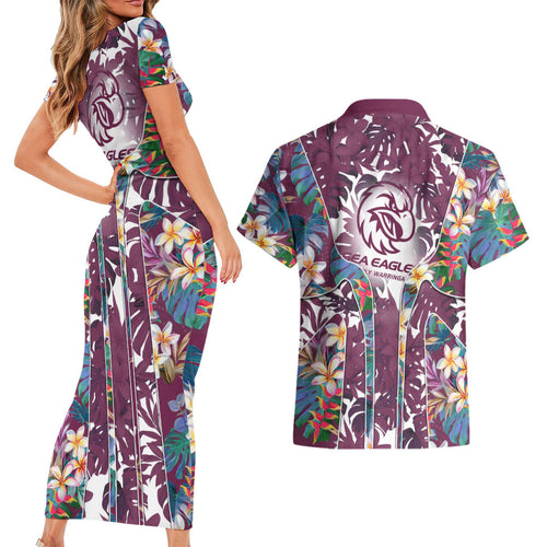 Manly Warringah Sea Eagles Couples Matching Short Sleeve Bodycon Dress and Hawaiian Shirt Tropical Hibiscus Floral Pattern With Maroon And White Accents