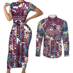 Manly Warringah Sea Eagles Couples Matching Short Sleeve Bodycon Dress and Long Sleeve Button Shirt Tropical Hibiscus Floral Pattern With Maroon And White Accents