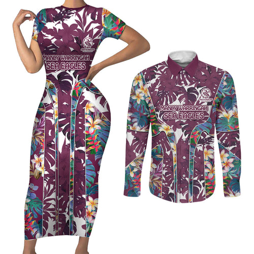 Manly Warringah Sea Eagles Couples Matching Short Sleeve Bodycon Dress and Long Sleeve Button Shirt Tropical Hibiscus Floral Pattern With Maroon And White Accents