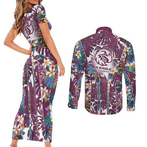 Manly Warringah Sea Eagles Couples Matching Short Sleeve Bodycon Dress and Long Sleeve Button Shirt Tropical Hibiscus Floral Pattern With Maroon And White Accents