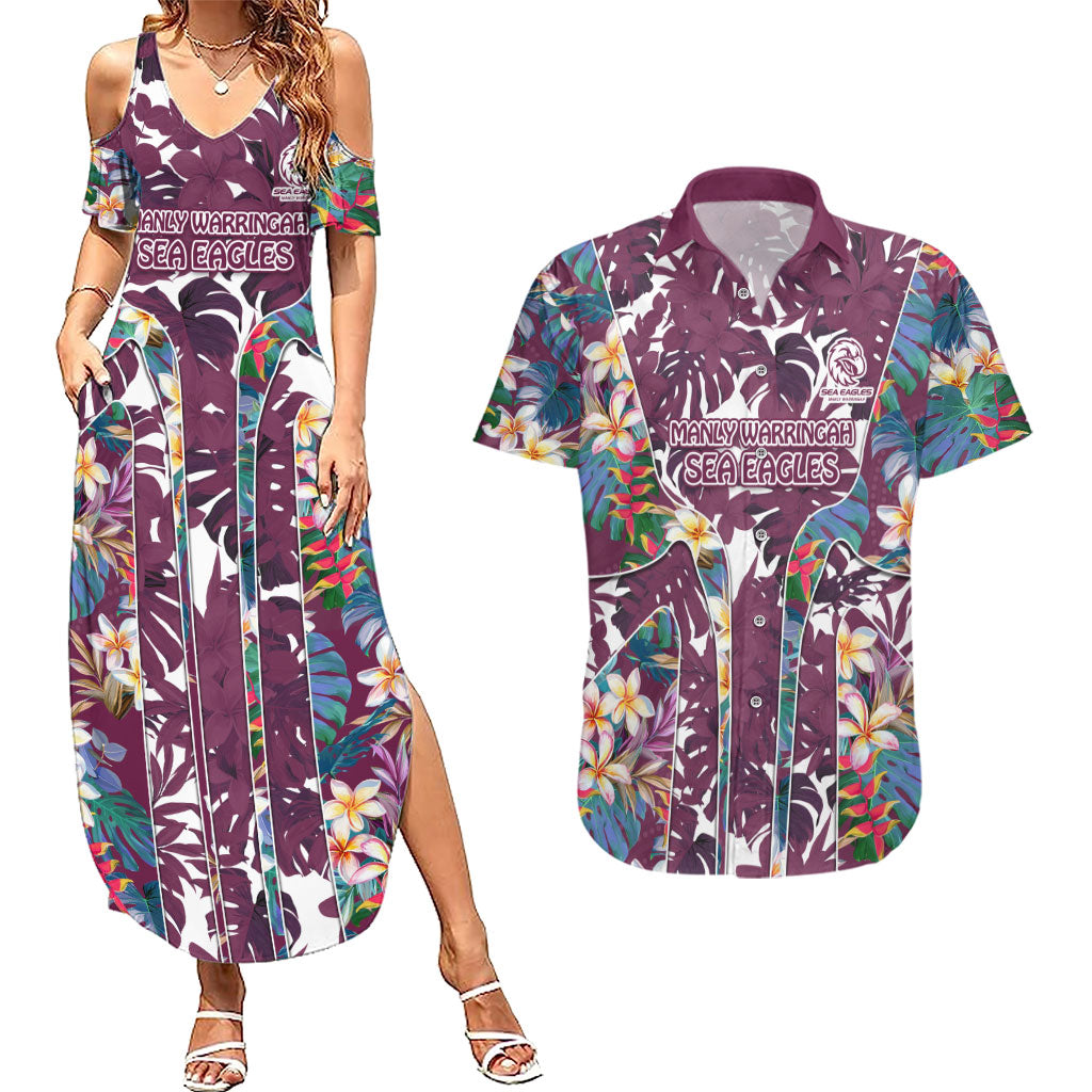 Manly Warringah Sea Eagles Couples Matching Summer Maxi Dress and Hawaiian Shirt Tropical Hibiscus Floral Pattern With Maroon And White Accents