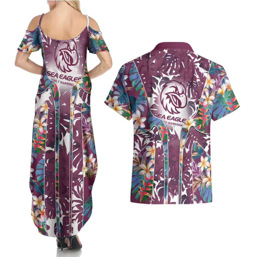 Manly Warringah Sea Eagles Couples Matching Summer Maxi Dress and Hawaiian Shirt Tropical Hibiscus Floral Pattern With Maroon And White Accents