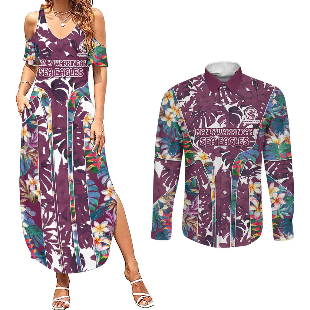 Manly Warringah Sea Eagles Couples Matching Summer Maxi Dress and Long Sleeve Button Shirt Tropical Hibiscus Floral Pattern With Maroon And White Accents