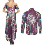 Manly Warringah Sea Eagles Couples Matching Summer Maxi Dress and Long Sleeve Button Shirt Tropical Hibiscus Floral Pattern With Maroon And White Accents