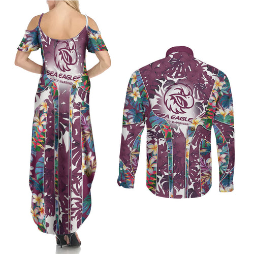 Manly Warringah Sea Eagles Couples Matching Summer Maxi Dress and Long Sleeve Button Shirt Tropical Hibiscus Floral Pattern With Maroon And White Accents
