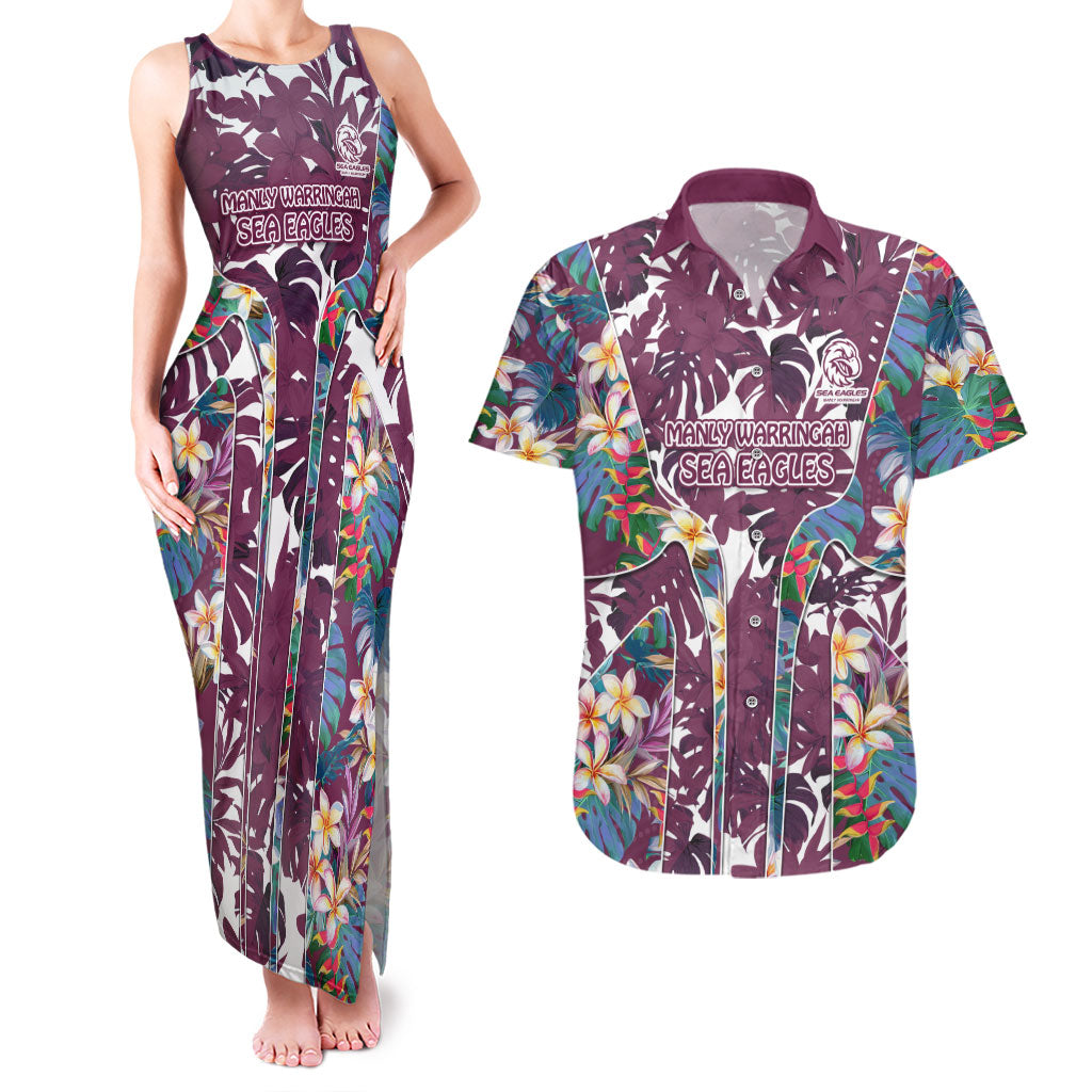 Manly Warringah Sea Eagles Couples Matching Tank Maxi Dress and Hawaiian Shirt Tropical Hibiscus Floral Pattern With Maroon And White Accents