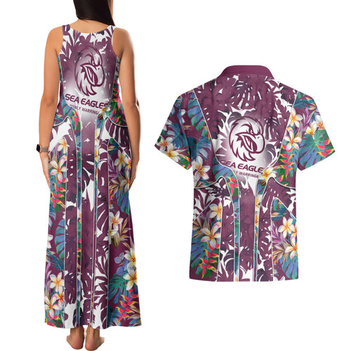 Manly Warringah Sea Eagles Couples Matching Tank Maxi Dress and Hawaiian Shirt Tropical Hibiscus Floral Pattern With Maroon And White Accents
