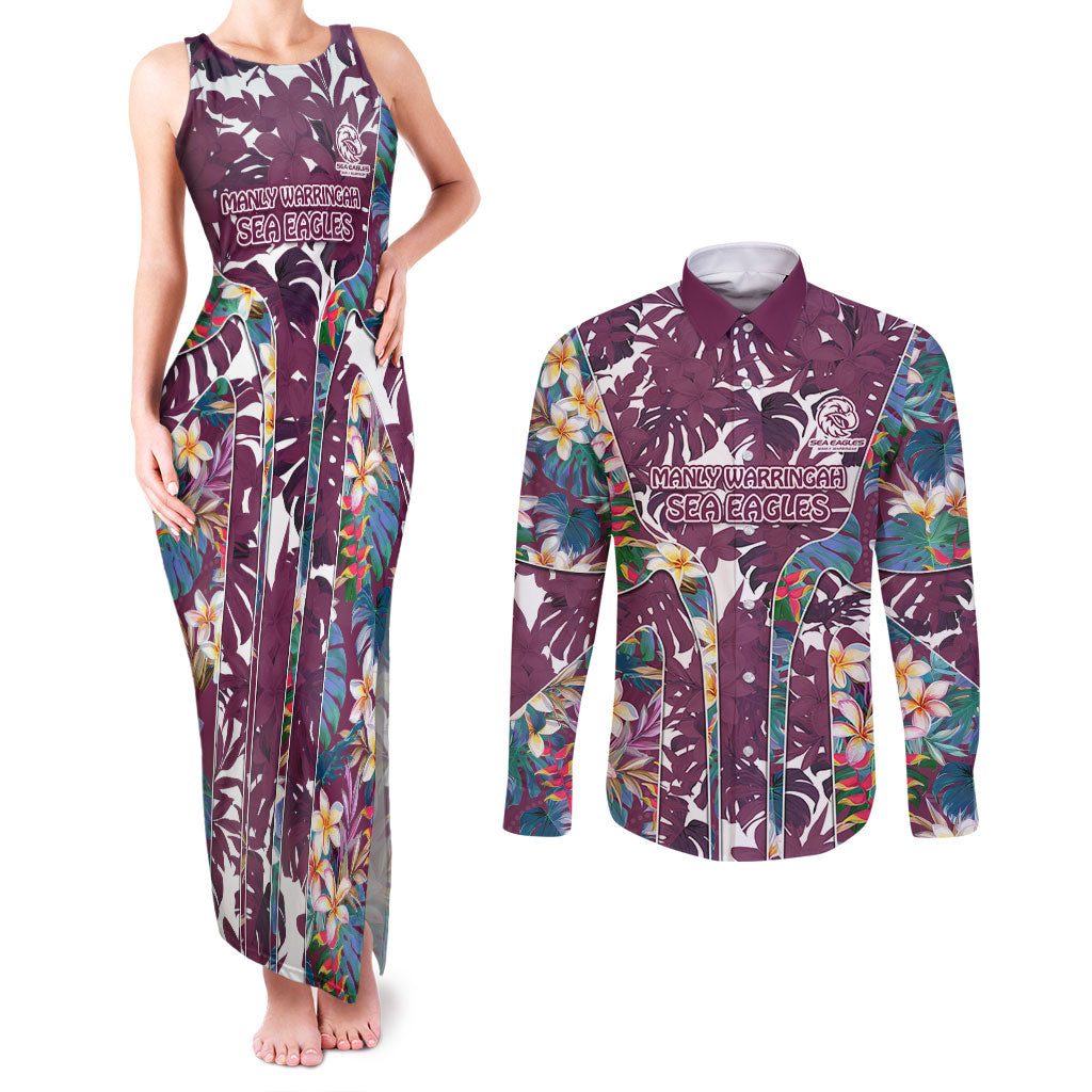 Manly Warringah Sea Eagles Couples Matching Tank Maxi Dress and Long Sleeve Button Shirt Tropical Hibiscus Floral Pattern With Maroon And White Accents
