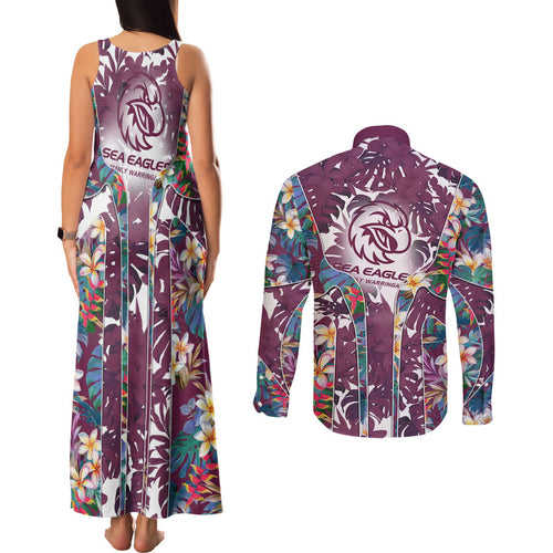 Manly Warringah Sea Eagles Couples Matching Tank Maxi Dress and Long Sleeve Button Shirt Tropical Hibiscus Floral Pattern With Maroon And White Accents