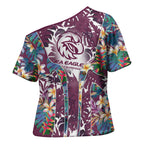 Manly Warringah Sea Eagles Cross Shoulder Shirt Tropical Hibiscus Floral Pattern With Maroon And White Accents