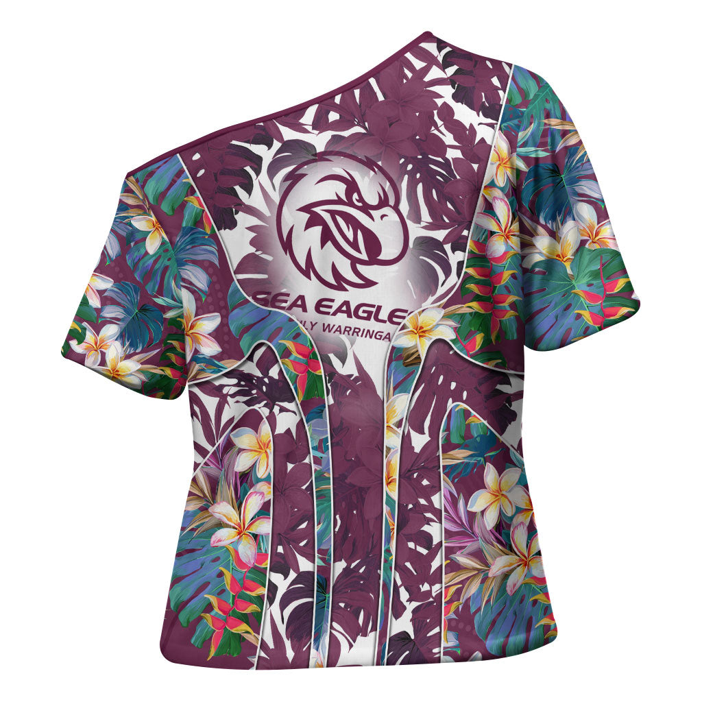 Manly Warringah Sea Eagles Cross Shoulder Shirt Tropical Hibiscus Floral Pattern With Maroon And White Accents