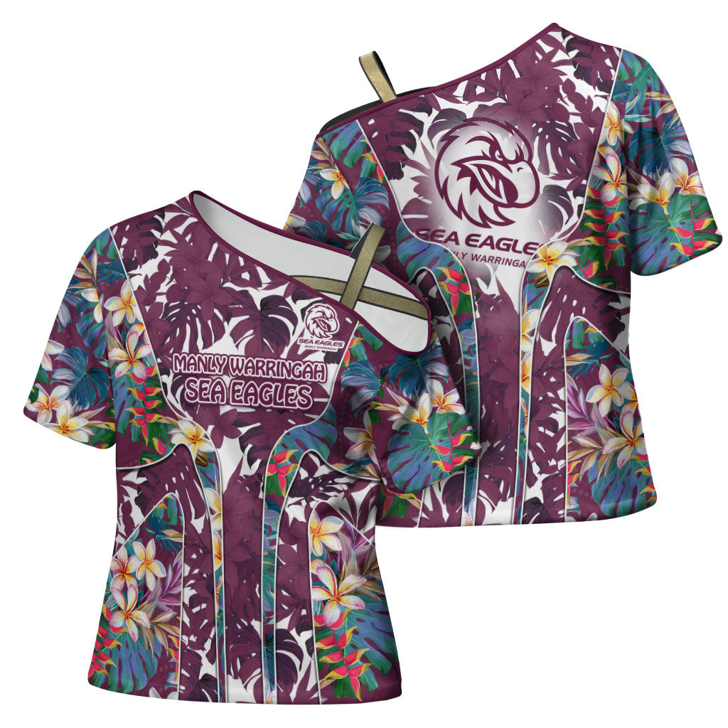Manly Warringah Sea Eagles Cross Shoulder Shirt Tropical Hibiscus Floral Pattern With Maroon And White Accents