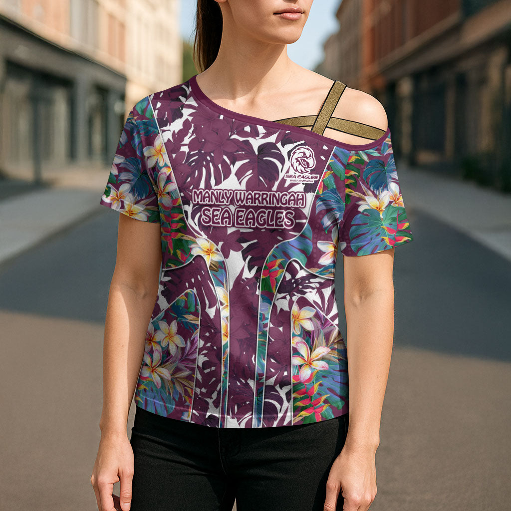 Manly Warringah Sea Eagles Cross Shoulder Shirt Tropical Hibiscus Floral Pattern With Maroon And White Accents
