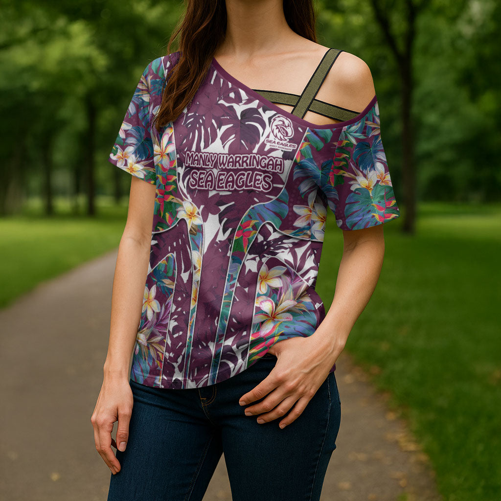 Manly Warringah Sea Eagles Cross Shoulder Shirt Tropical Hibiscus Floral Pattern With Maroon And White Accents