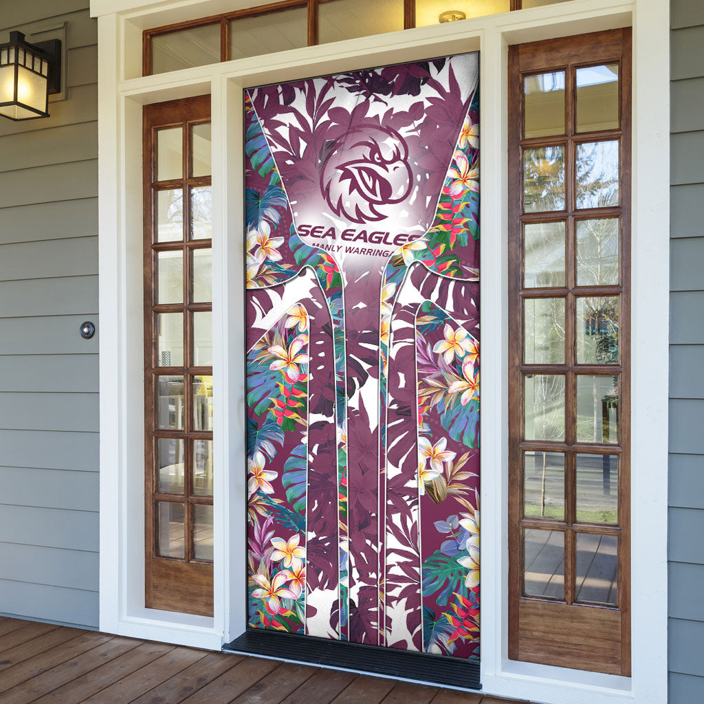 Manly Warringah Sea Eagles Door Cover Tropical Hibiscus Floral Pattern With Maroon And White Accents