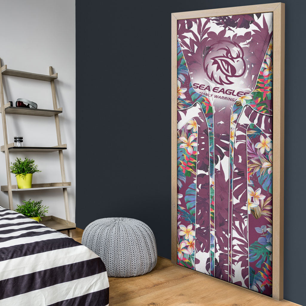 Manly Warringah Sea Eagles Door Cover Tropical Hibiscus Floral Pattern With Maroon And White Accents