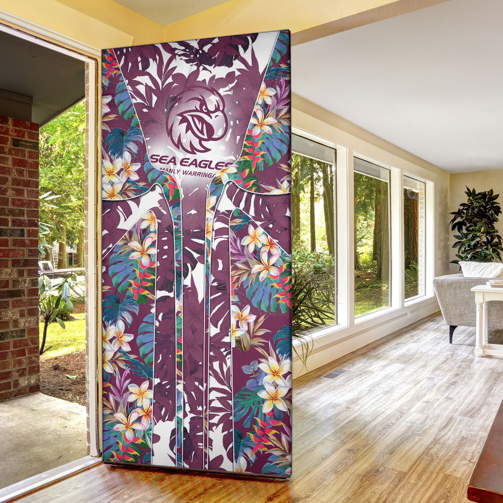Manly Warringah Sea Eagles Door Cover Tropical Hibiscus Floral Pattern With Maroon And White Accents