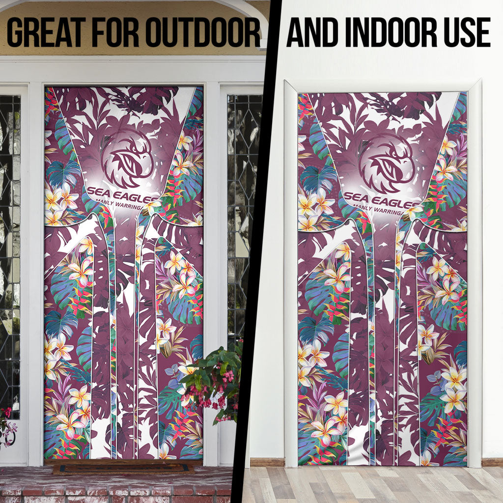 Manly Warringah Sea Eagles Door Cover Tropical Hibiscus Floral Pattern With Maroon And White Accents