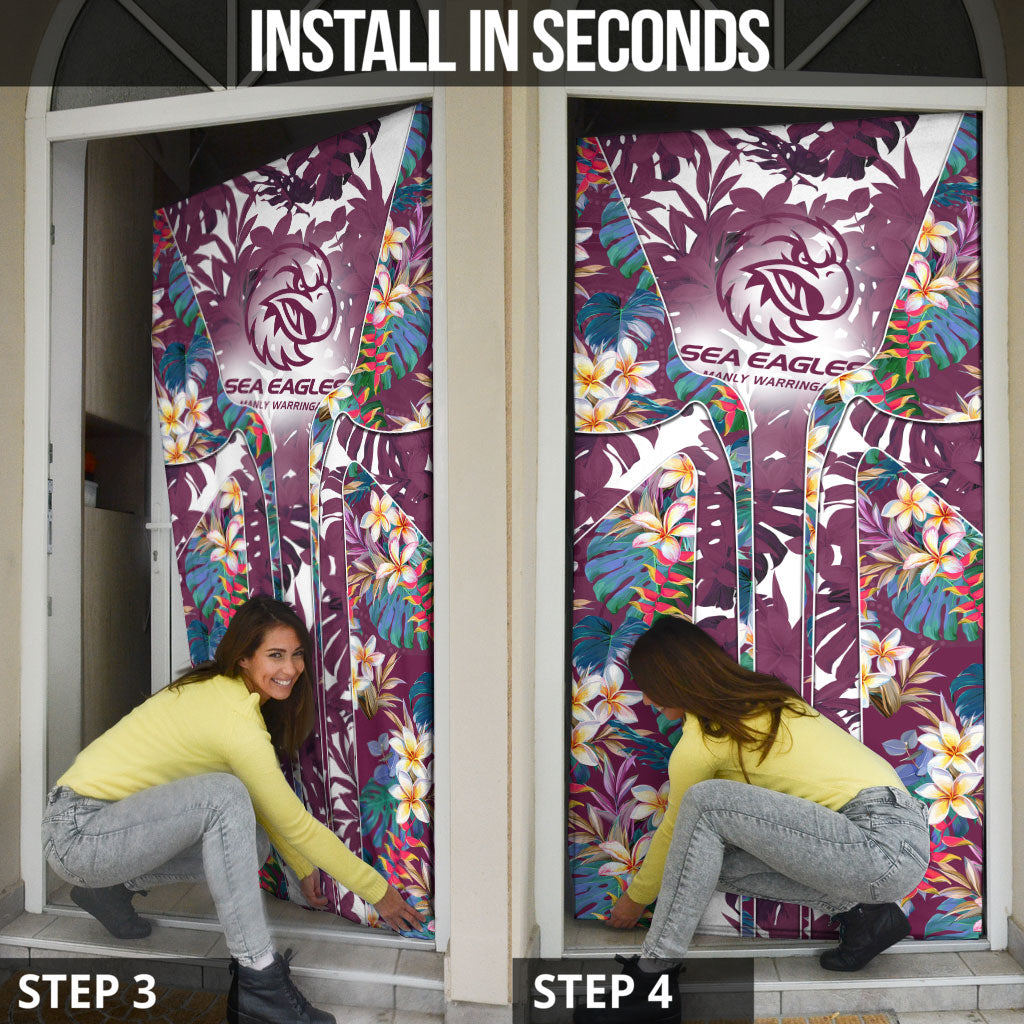Manly Warringah Sea Eagles Door Cover Tropical Hibiscus Floral Pattern With Maroon And White Accents
