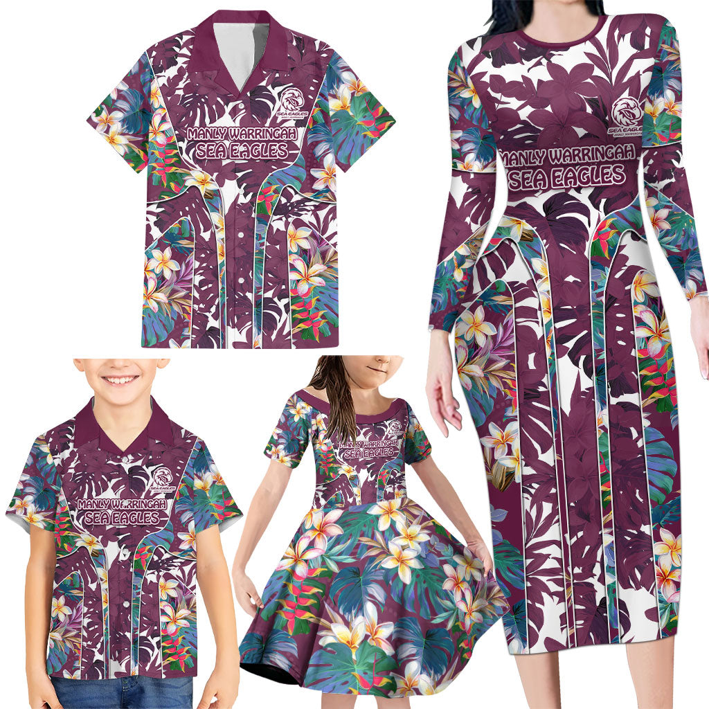 Manly Warringah Sea Eagles Family Matching Long Sleeve Bodycon Dress and Hawaiian Shirt Tropical Hibiscus Floral Pattern With Maroon And White Accents