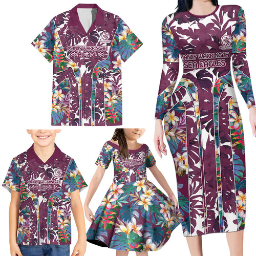 Manly Warringah Sea Eagles Family Matching Long Sleeve Bodycon Dress and Hawaiian Shirt Tropical Hibiscus Floral Pattern With Maroon And White Accents