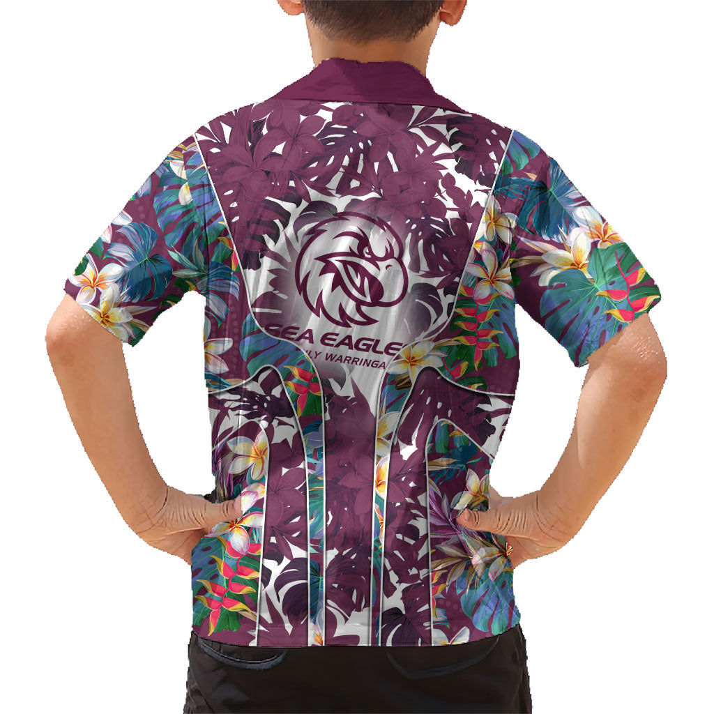 Manly Warringah Sea Eagles Family Matching Long Sleeve Bodycon Dress and Hawaiian Shirt Tropical Hibiscus Floral Pattern With Maroon And White Accents
