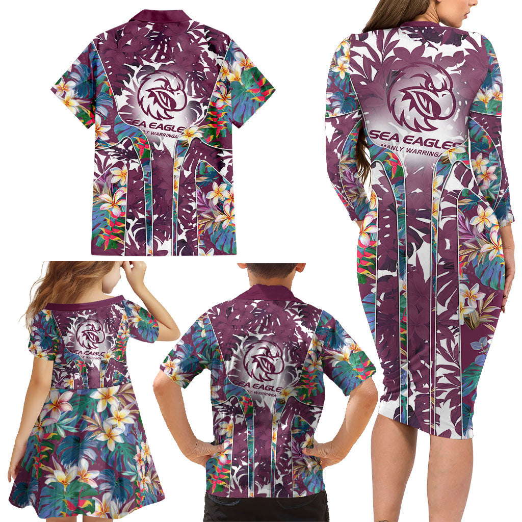 Manly Warringah Sea Eagles Family Matching Long Sleeve Bodycon Dress and Hawaiian Shirt Tropical Hibiscus Floral Pattern With Maroon And White Accents