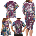 Manly Warringah Sea Eagles Family Matching Long Sleeve Bodycon Dress and Hawaiian Shirt Tropical Hibiscus Floral Pattern With Maroon And White Accents