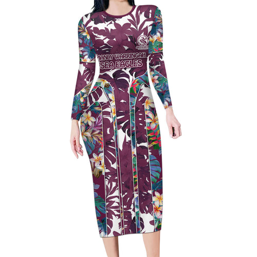 Manly Warringah Sea Eagles Family Matching Long Sleeve Bodycon Dress and Hawaiian Shirt Tropical Hibiscus Floral Pattern With Maroon And White Accents