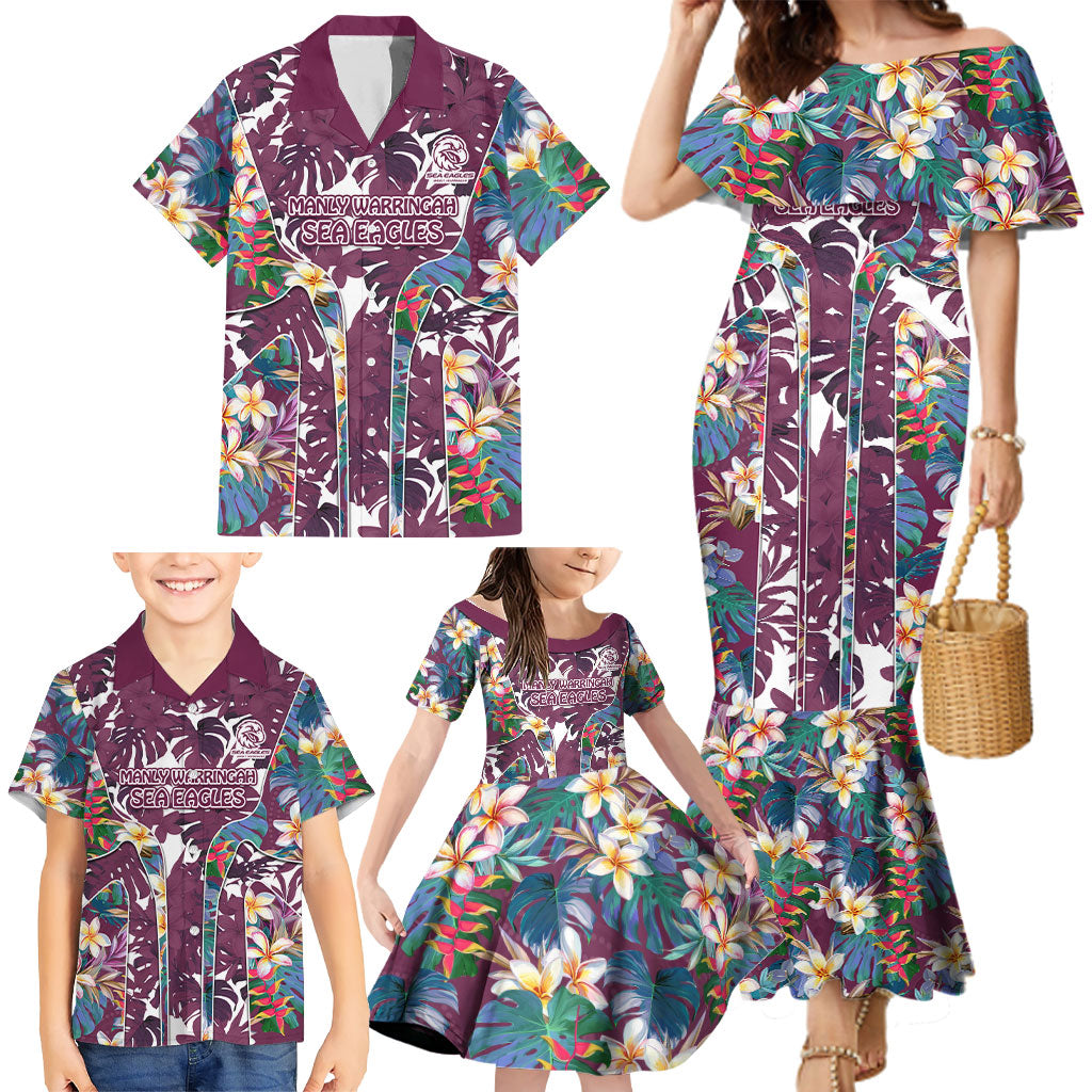 Manly Warringah Sea Eagles Family Matching Mermaid Dress and Hawaiian Shirt Tropical Hibiscus Floral Pattern With Maroon And White Accents