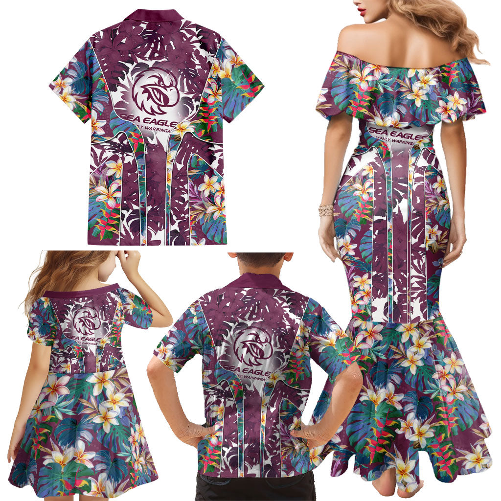 Manly Warringah Sea Eagles Family Matching Mermaid Dress and Hawaiian Shirt Tropical Hibiscus Floral Pattern With Maroon And White Accents