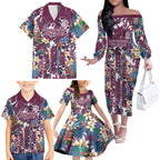 Manly Warringah Sea Eagles Family Matching Off The Shoulder Long Sleeve Dress and Hawaiian Shirt Tropical Hibiscus Floral Pattern With Maroon And White Accents
