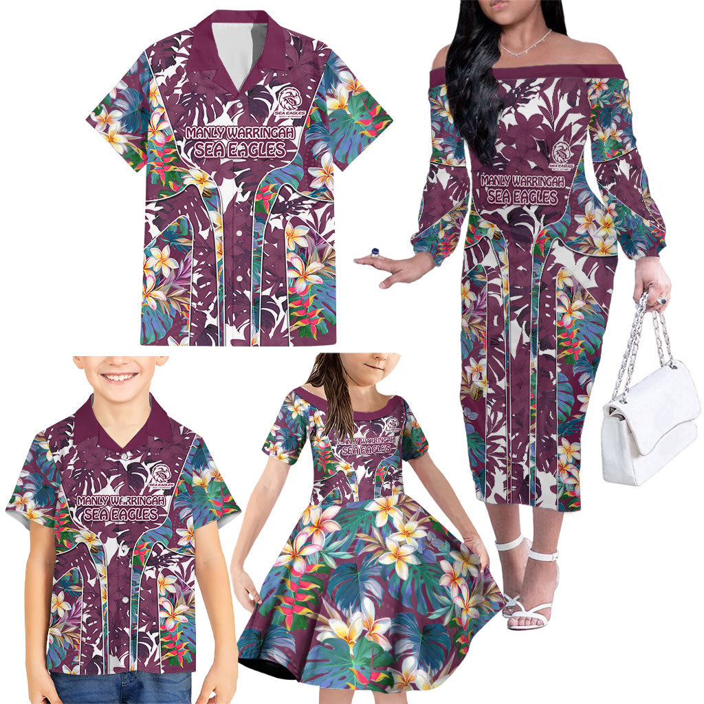 Manly Warringah Sea Eagles Family Matching Off The Shoulder Long Sleeve Dress and Hawaiian Shirt Tropical Hibiscus Floral Pattern With Maroon And White Accents