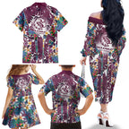 Manly Warringah Sea Eagles Family Matching Off The Shoulder Long Sleeve Dress and Hawaiian Shirt Tropical Hibiscus Floral Pattern With Maroon And White Accents