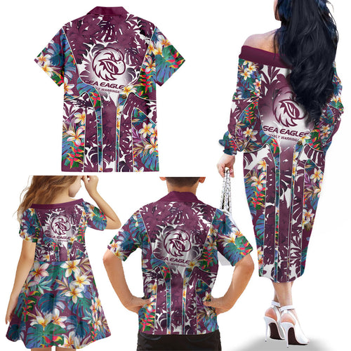 Manly Warringah Sea Eagles Family Matching Off The Shoulder Long Sleeve Dress and Hawaiian Shirt Tropical Hibiscus Floral Pattern With Maroon And White Accents