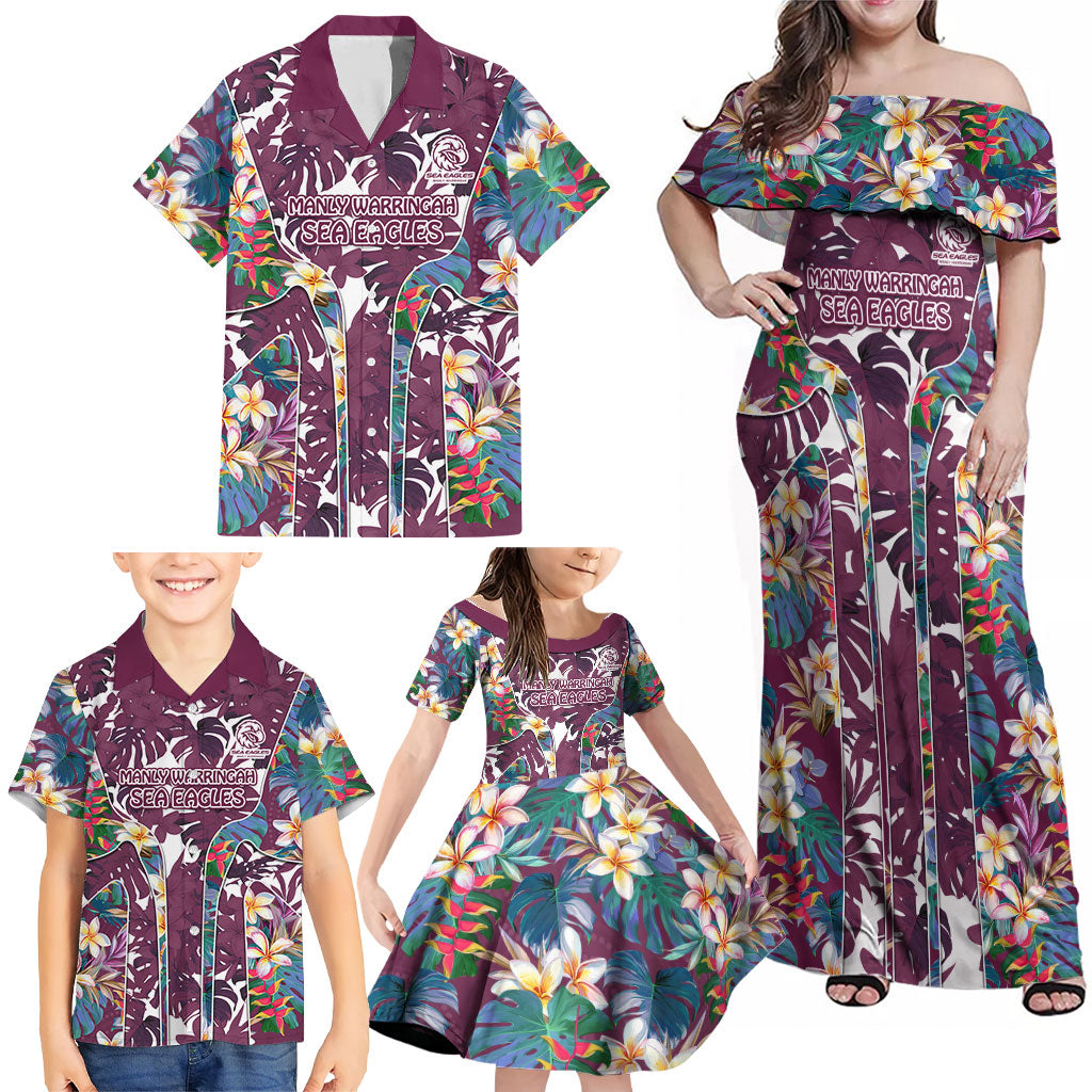 Manly Warringah Sea Eagles Family Matching Off Shoulder Maxi Dress and Hawaiian Shirt Tropical Hibiscus Floral Pattern With Maroon And White Accents