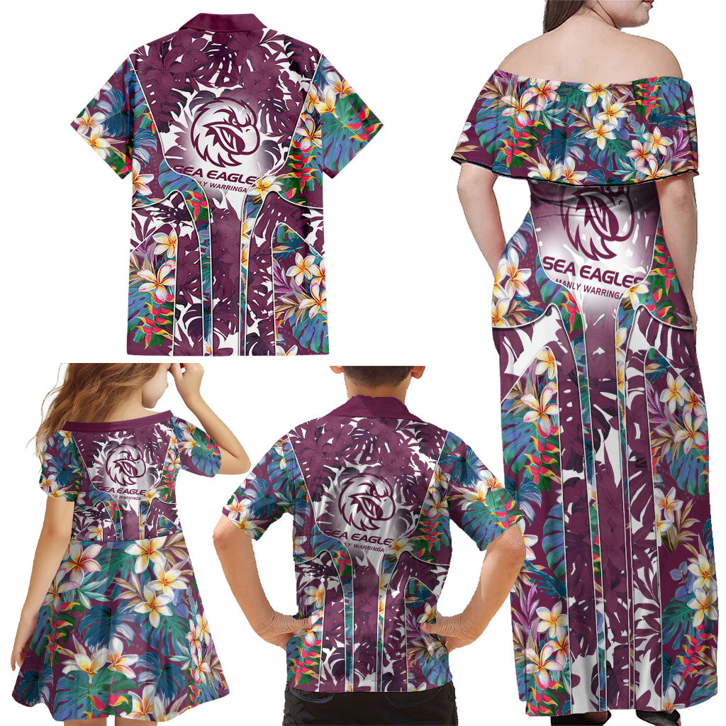 Manly Warringah Sea Eagles Family Matching Off Shoulder Maxi Dress and Hawaiian Shirt Tropical Hibiscus Floral Pattern With Maroon And White Accents
