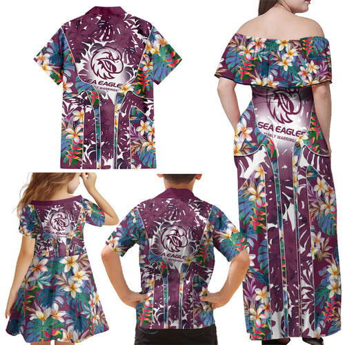 Manly Warringah Sea Eagles Family Matching Off Shoulder Maxi Dress and Hawaiian Shirt Tropical Hibiscus Floral Pattern With Maroon And White Accents